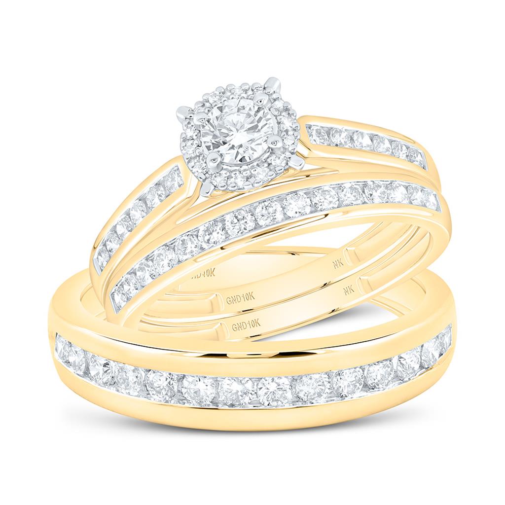 10K Yellow Gold 1 1/5 Cttw Natural Diamond 1/4 Cttw Center Round Fashion Round Trio Set