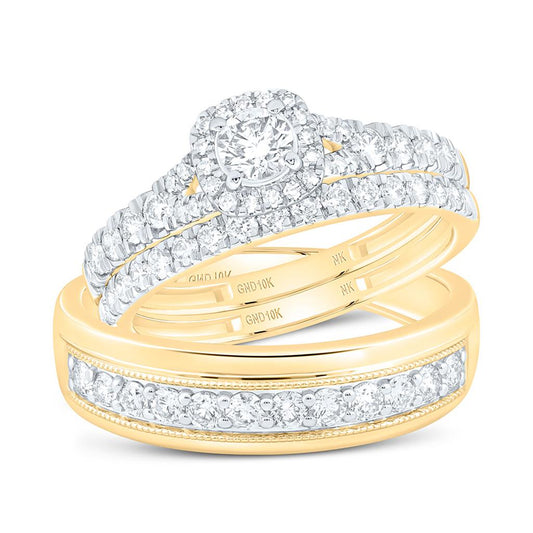 10K Yellow Gold 1 1/3 Cttw Natural Diamond 1/4 Cttw Center Round Fashion Cushion Trio Set