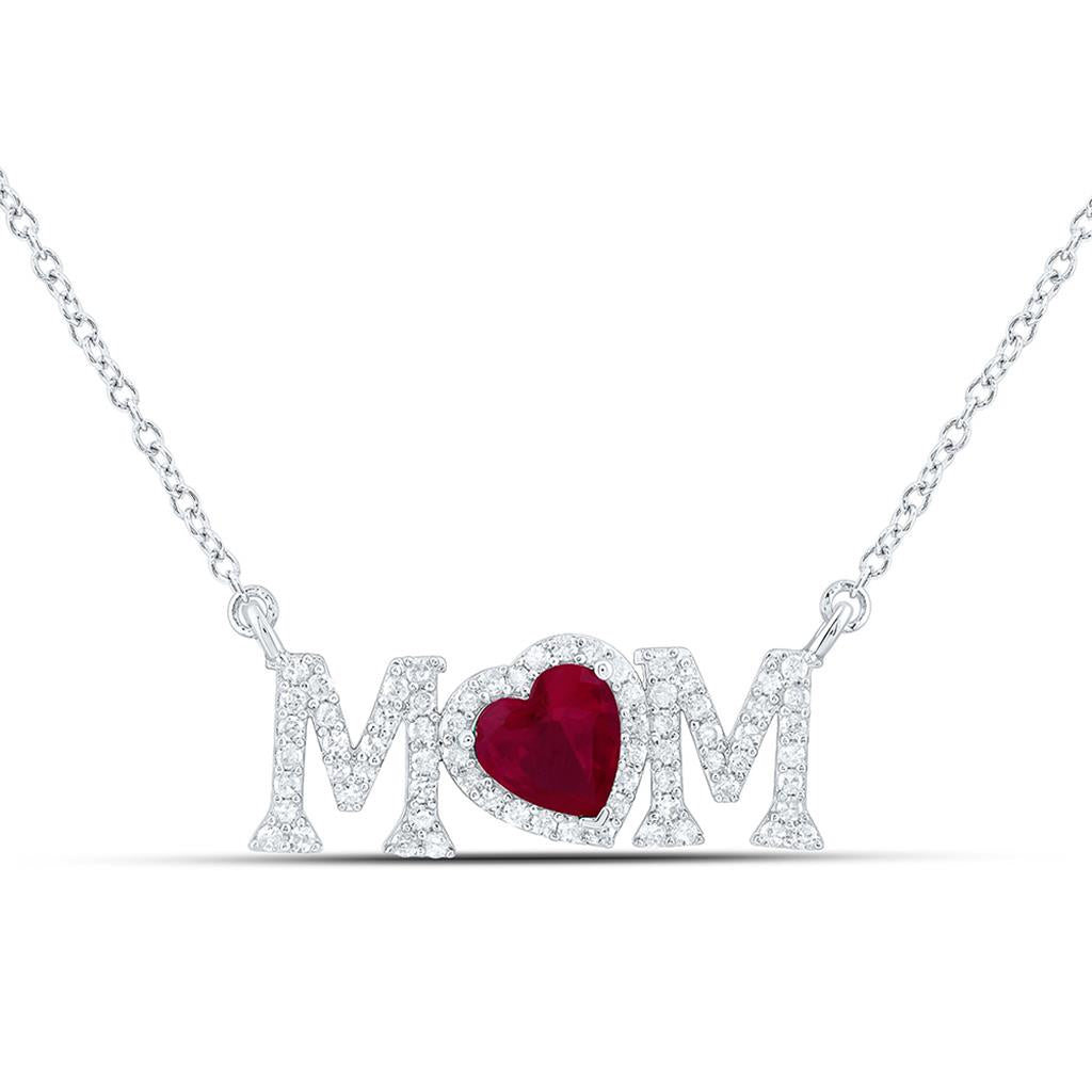 Sterling Silver 1/3 Cttw Natural Diamond Gift 6 Mm Synthetic "Mom" Heart Necklace (18 Inch)