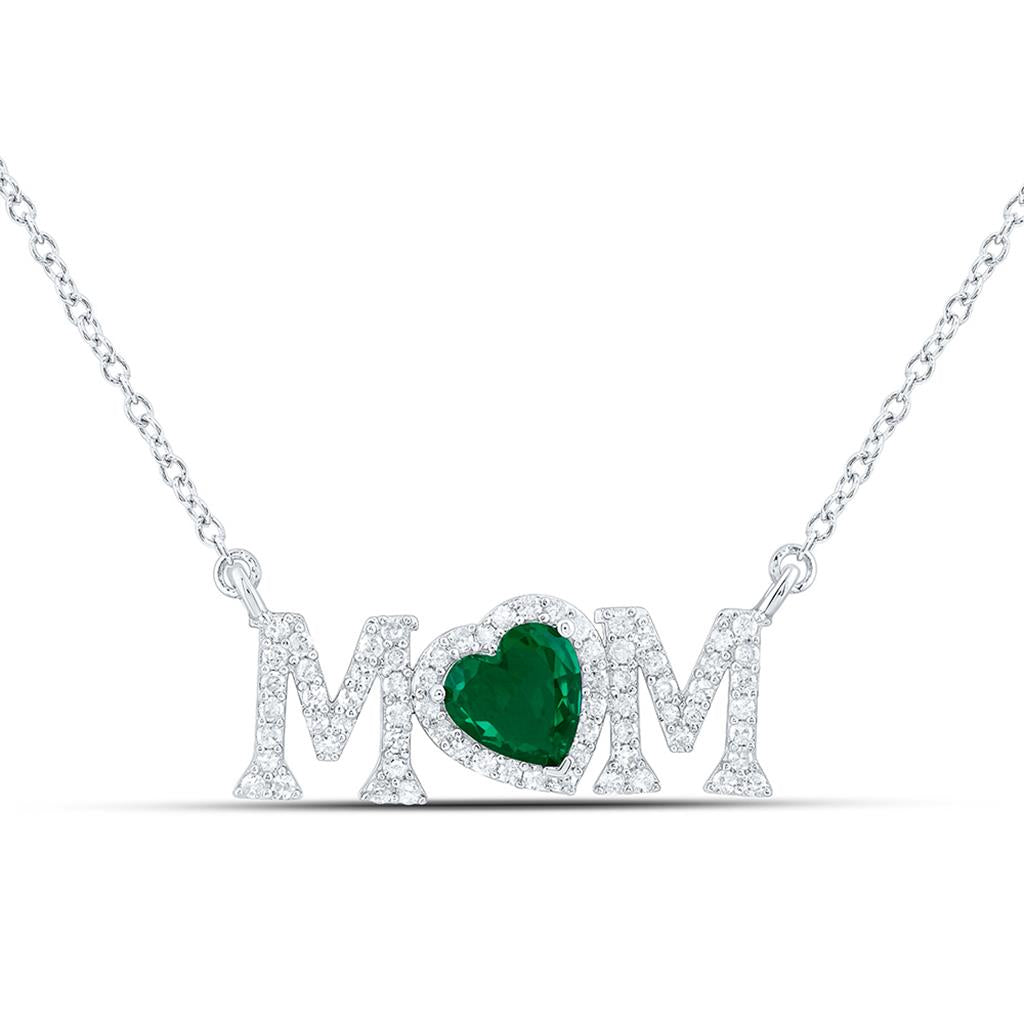 Sterling Silver 1/3 Cttw Natural Diamond Gift 6 Mm Synthetic "Mom" Heart Necklace (18 Inch)