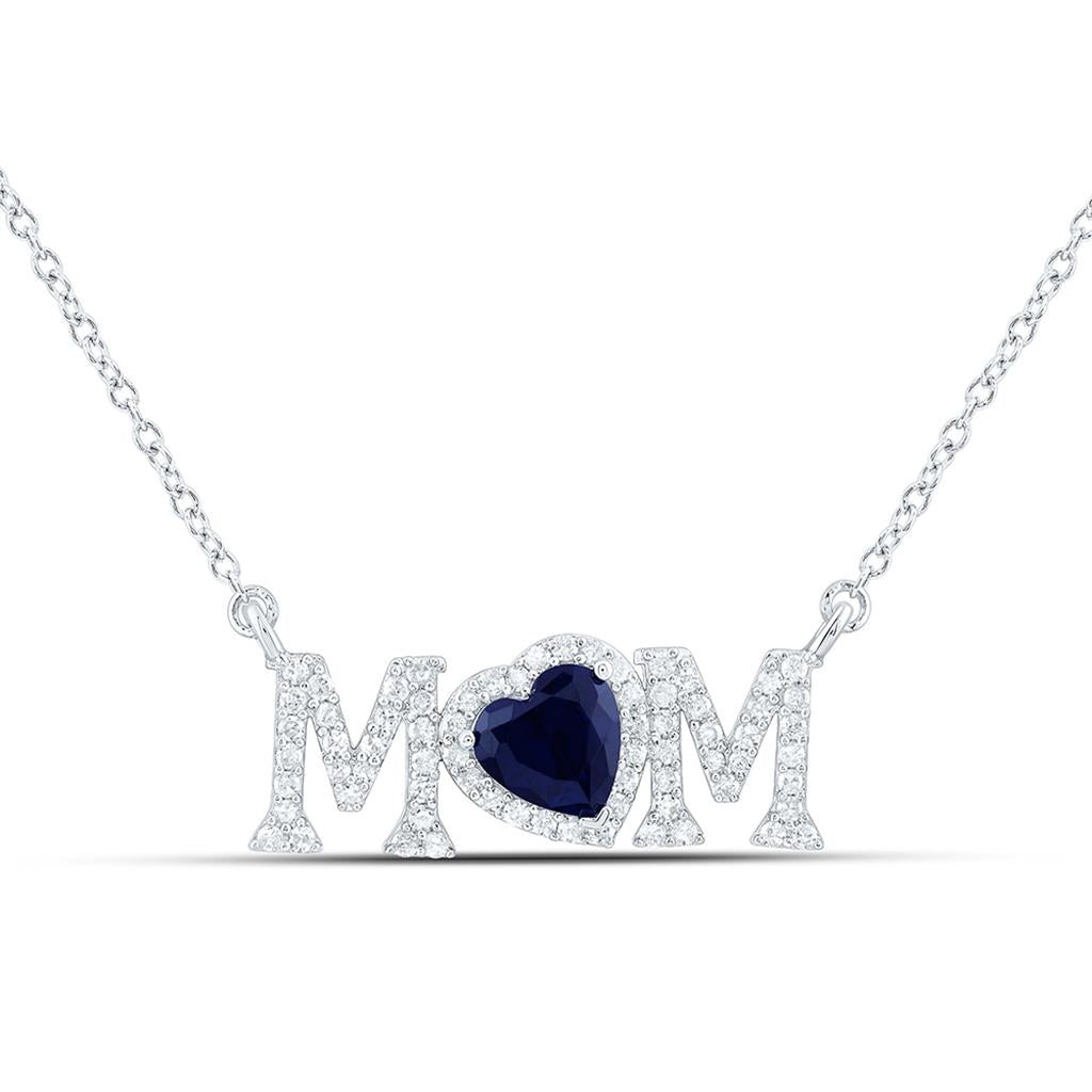 Sterling Silver 1/3 Cttw Natural Diamond Gift 6 Mm Synthetic "Mom" Heart Necklace (18 Inch)