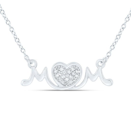 Sterling Silver 1/12 Cttw Natural Diamond Gift "Mom" Heart Necklace (18 Inch)