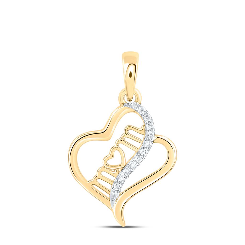 Sterling Silver Yellow Tone 1/20 Cttw Natural Diamond Gift "Mom" Heart Pendant