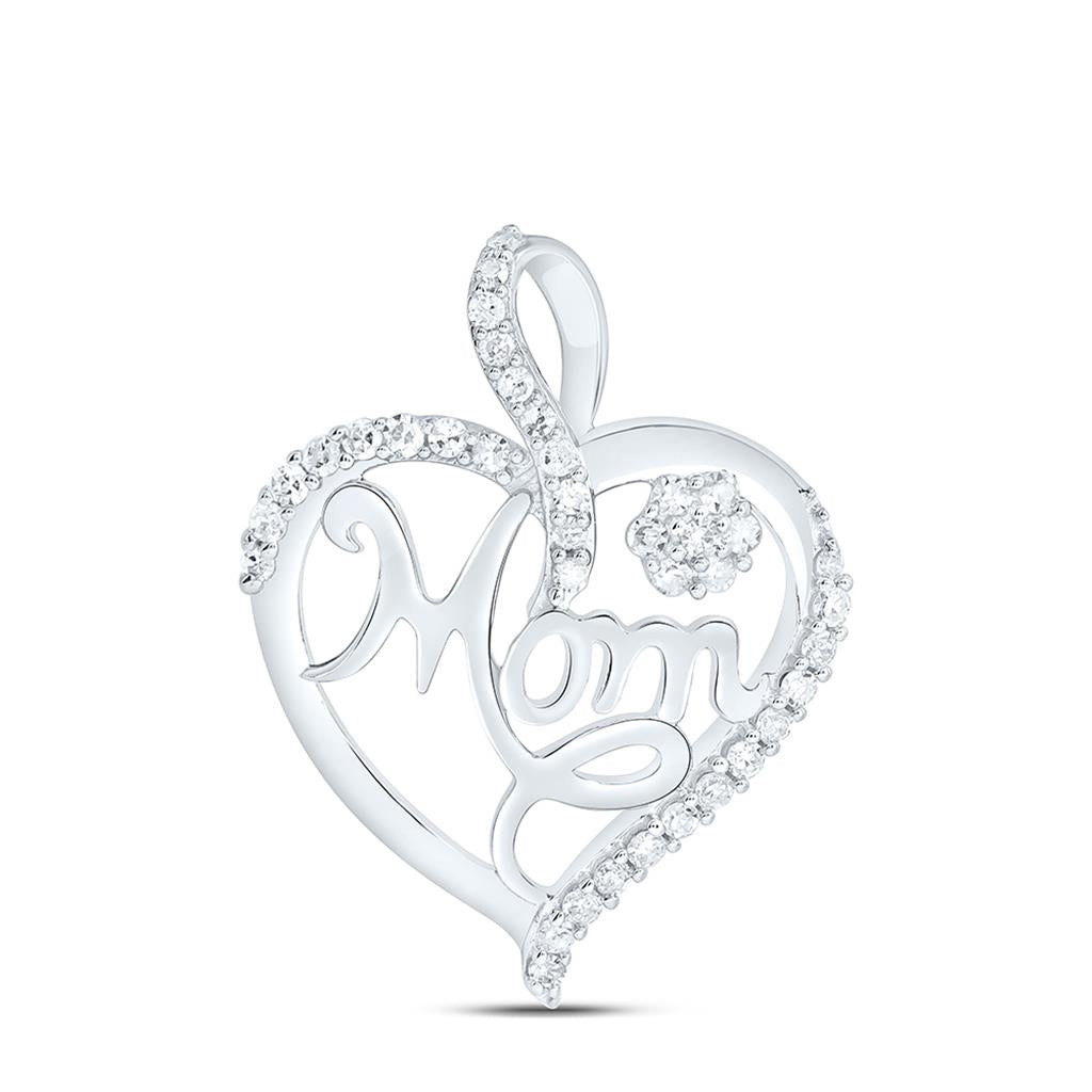 Sterling Silver 1/6 Cttw Natural Diamond Gift "Mom" Heart Pendant