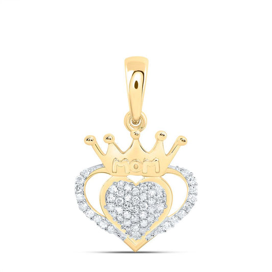 Sterling Silver Yellow Tone 1/6 Cttw Natural Diamond Gift Crown Mom Heart Pendant