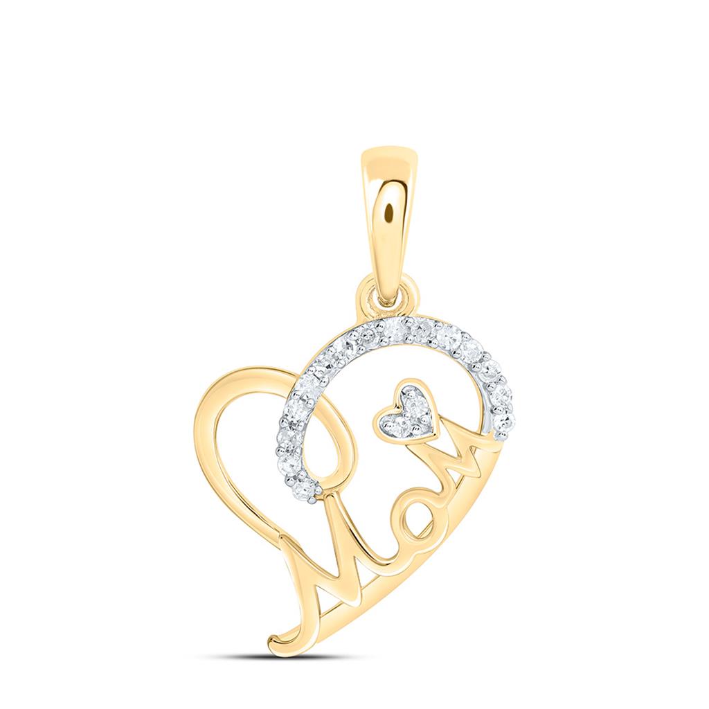 Sterling Silver Yellow Tone 1/12 Cttw Natural Diamond Gift "Mom" Heart Pendant