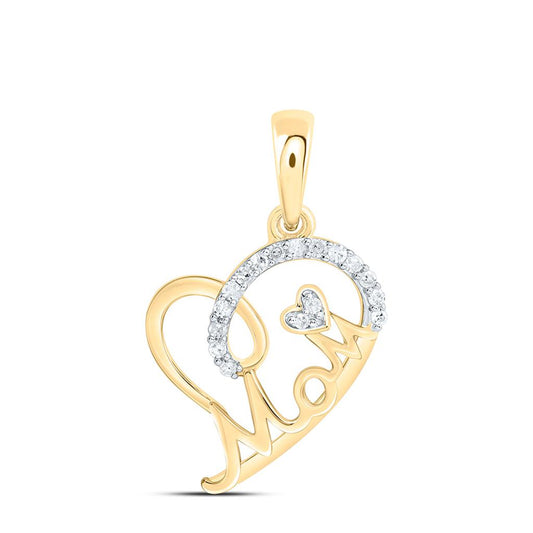 Sterling Silver Yellow Tone 1/12 Cttw Natural Diamond Gift "Mom" Heart Pendant