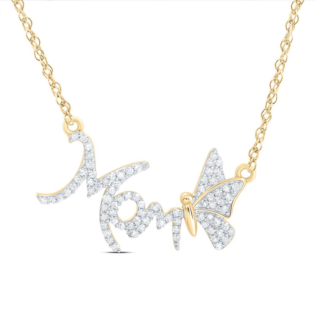 Sterling Silver Yellow Tone 1/4 Cttw Natural Diamond Gift "Mom" Butterfly Necklace (18Inch)