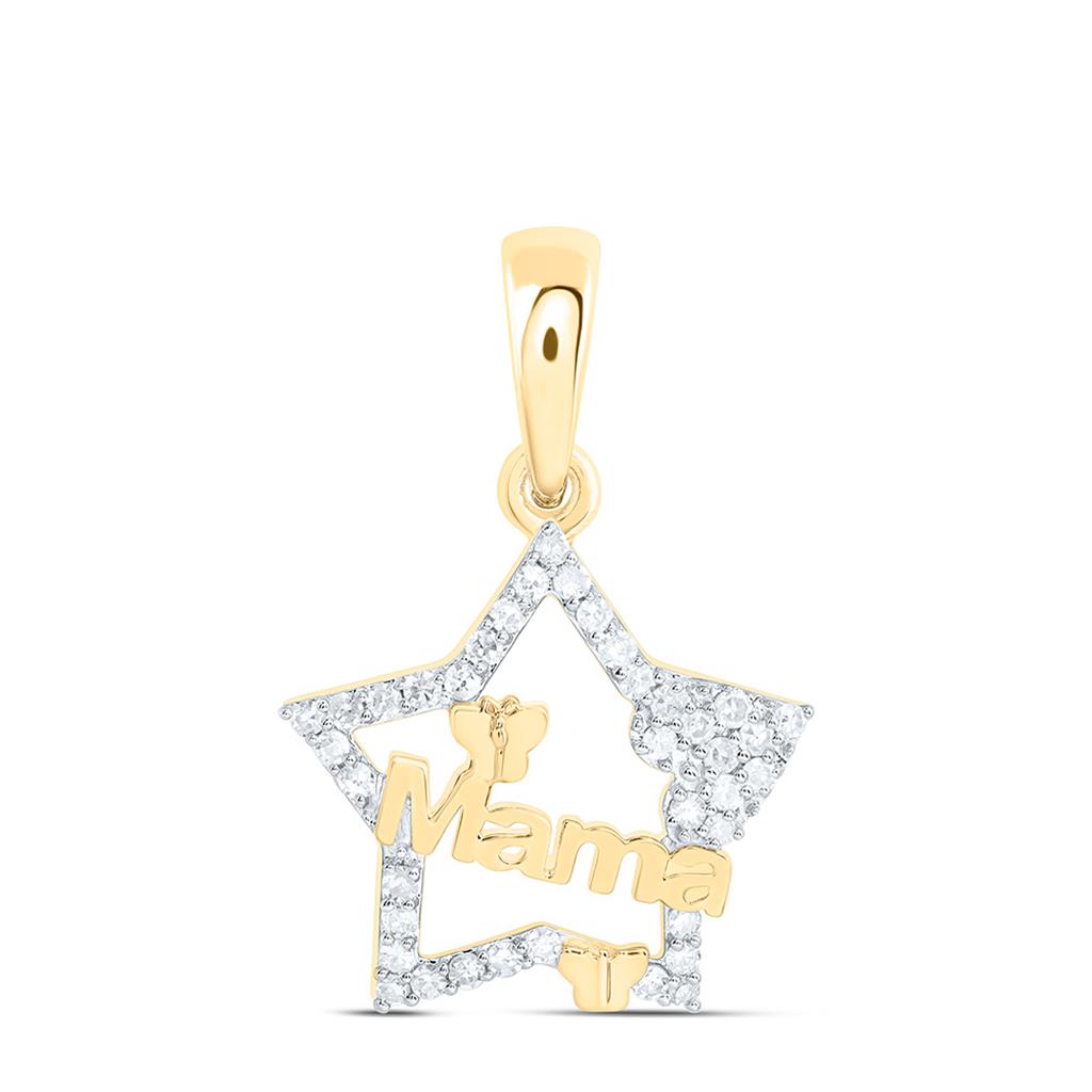 10K Yellow Gold 1/8 Cttw Natural Diamond Gift "Mama" Butterfly Heart Star Pendant