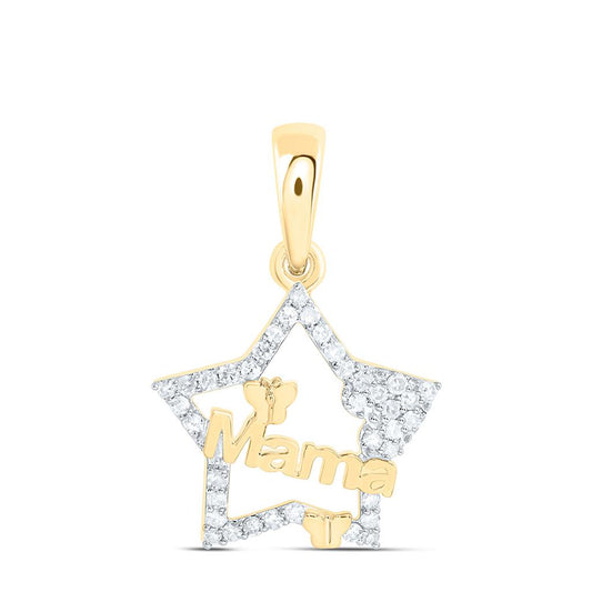 10K Yellow Gold 1/8 Cttw Natural Diamond Gift "Mama" Butterfly Heart Star Pendant
