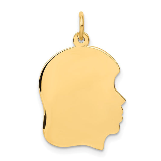 10K Yellow Gold Plain Medium .018 Gauge Facing Right Girl HeadEngravable Charm Pendant Jewelry Gifts (Length 1.05" Width 0.66")