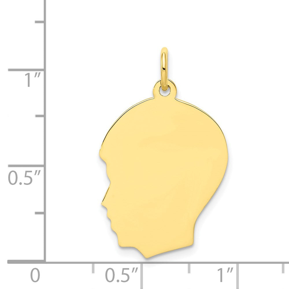 10K Yellow Gold Plain Medium .018 Gauge Facing Left Boy HeadEngravable Charm Pendant Jewelry Gifts (Length 1.05" Width 0.66")