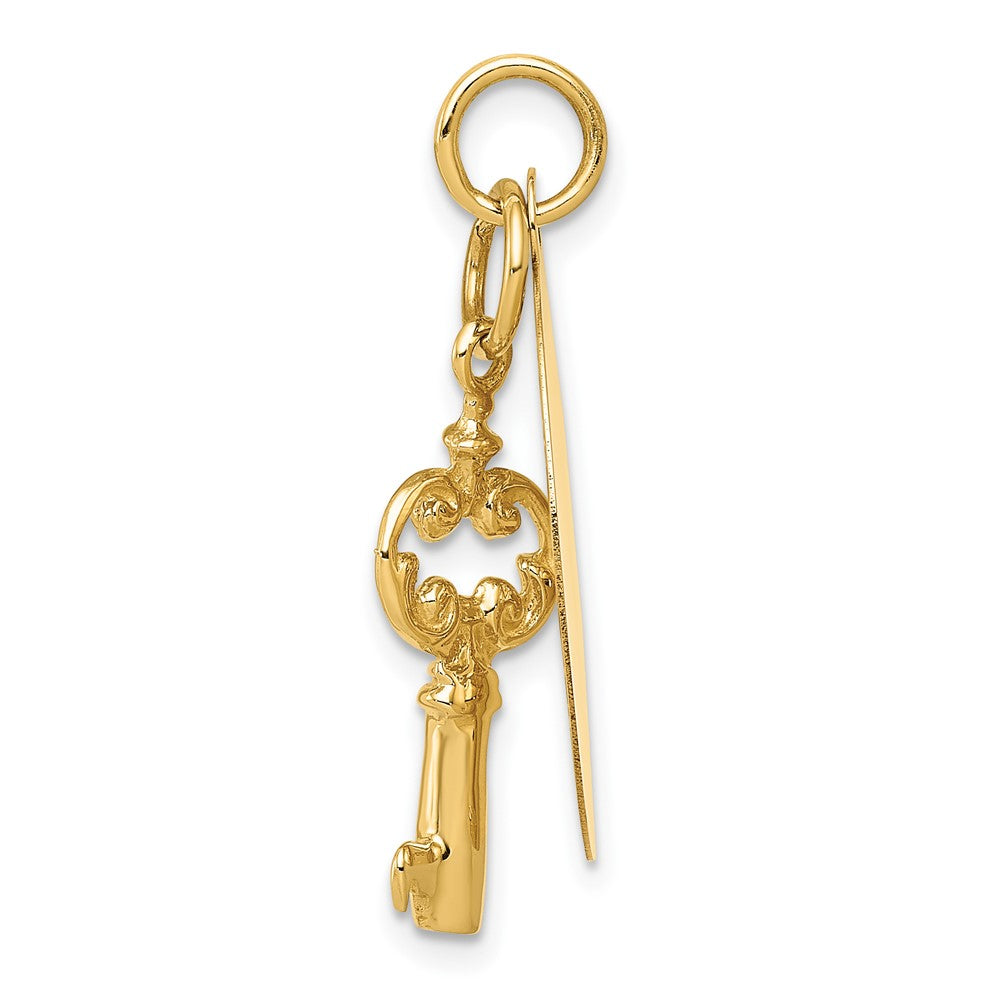 14k Yellow Gold Polished Disc and Key Engravable Charm Pendant Jewelry Gifts (Length 1.17" Width 0.62")