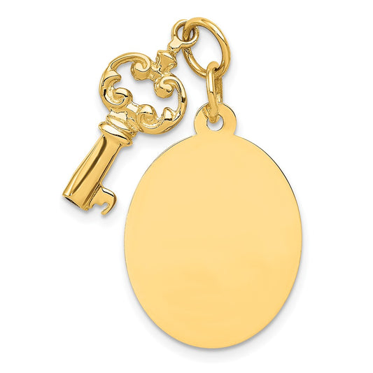 14k Yellow Gold Polished Disc and Key Engravable Charm Pendant Jewelry Gifts (Length 1.17" Width 0.62")