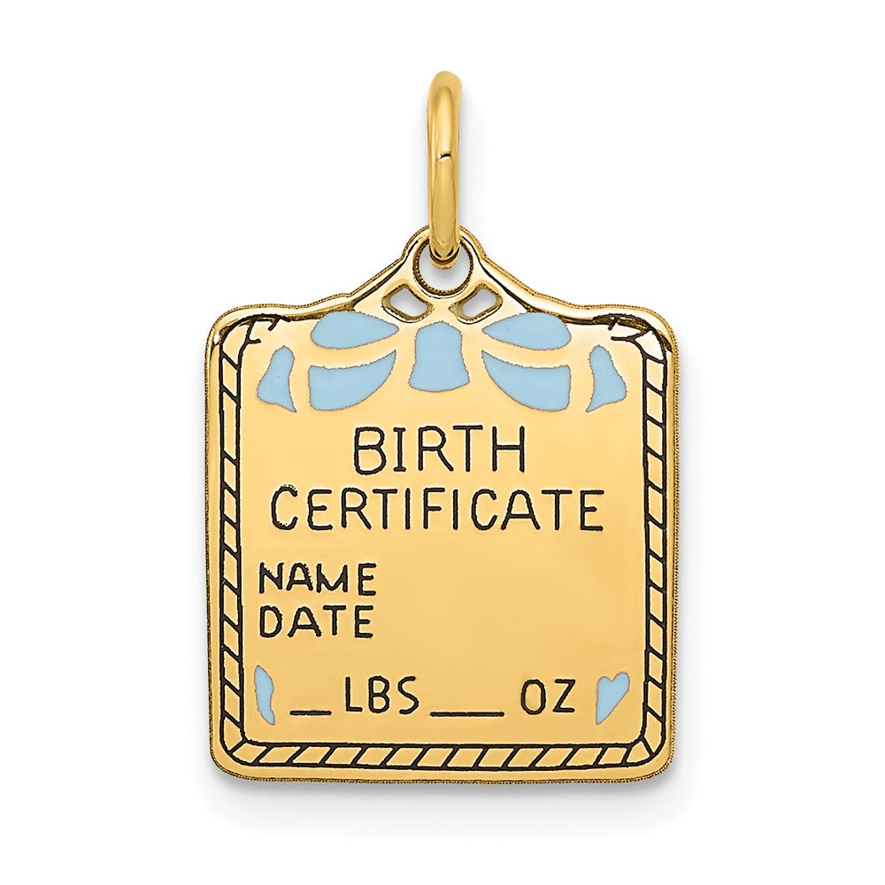 14k Yellow Gold Enameled Blue Birth Certificate Engravable Charm Pendant Jewelry Gifts (Length 0.78" Width 0.51")