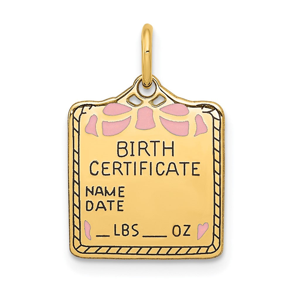 14k Yellow Gold Enameled Pink Birth Certificate Engravable Charm Pendant Jewelry Gifts (Length 0.78" Width 0.51")