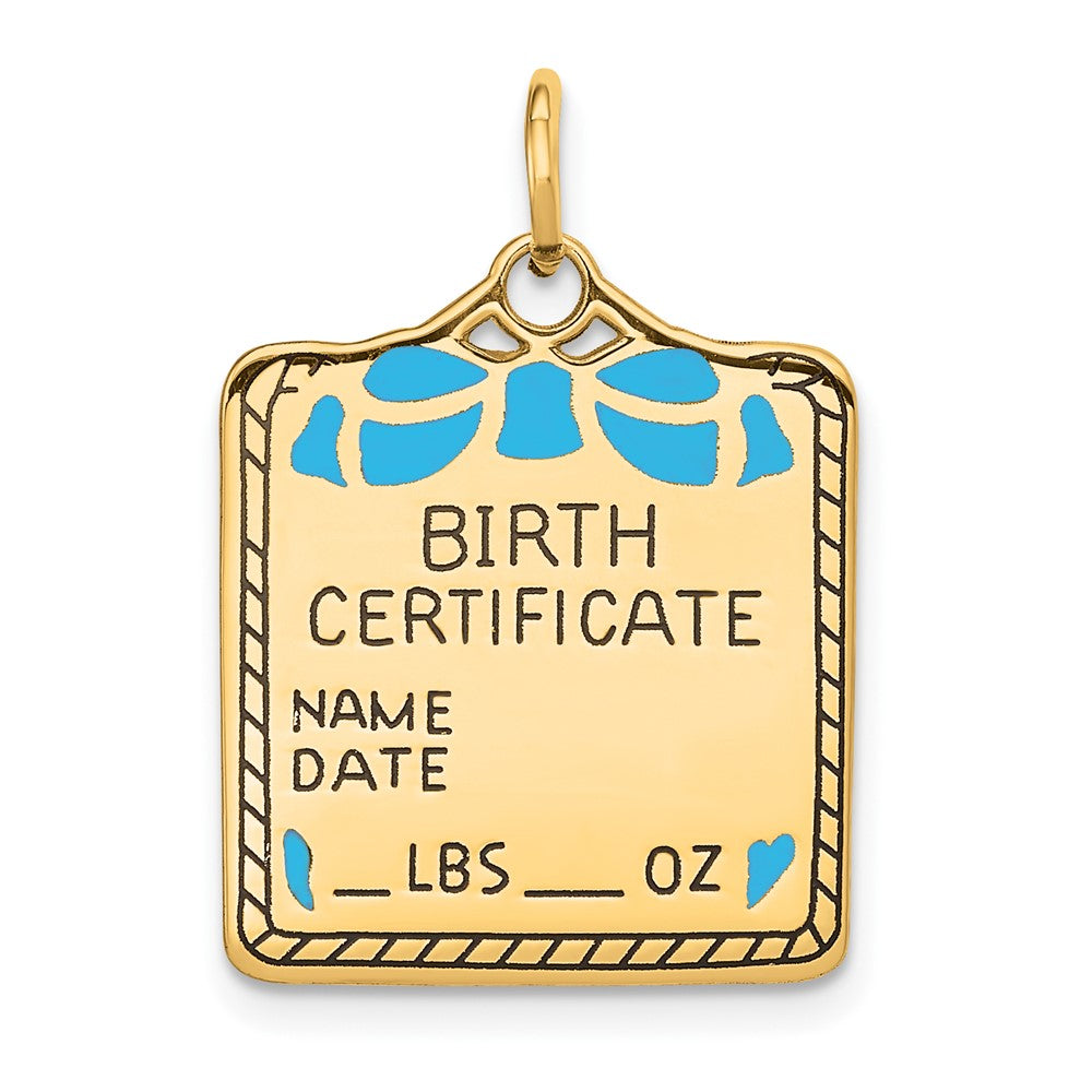 14k Yellow Gold Enameled Blue Birth Certificate Engravable Charm Pendant Jewelry Gifts (Length 0.98" Width 0.7")