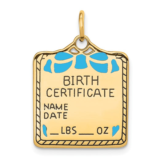 14k Yellow Gold Enameled Blue Birth Certificate Engravable Charm Pendant Jewelry Gifts (Length 0.98" Width 0.7")
