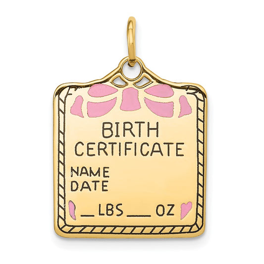 14k Yellow Gold Enameled Pink Birth Certificate Engravable Charm Pendant Jewelry Gifts (Length 0.98" Width 0.7")