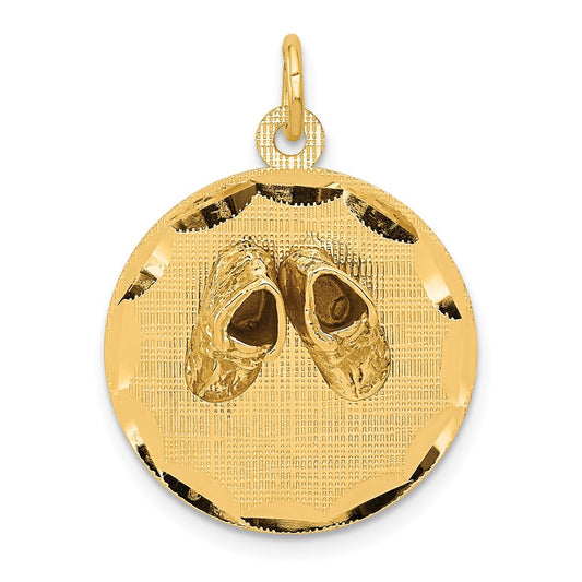 14k Yellow Gold Small Baby Shoes on Disc Engravable Charm Pendant Jewelry Gifts (Length 0.86" Width 0.35")