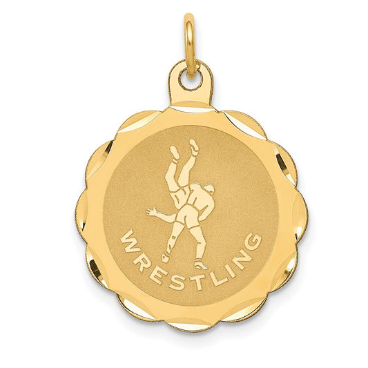 14k Yellow Gold Wrestling Scalloped Edge Disc Engravable Charm Pendant Jewelry Gifts (Length 0.82" Width 0.7")
