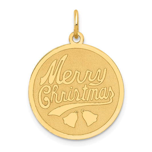 14k Yellow Gold Merry Christmas Disc Engravable Charm Pendant Jewelry Gifts (Length 0.98" Width 0.74")