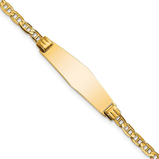 Engravable 14K Yellow Gold Soft Diamond Shape Anchor Link ID Bracelet Length 7 inches Width 7.5 mm With Lobster Claw Clasp
