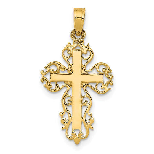 14k Yellow Gold Polished Filigree Crucifix CrossEngravable Charm Pendant Jewelry Gifts (Length 1.01" Width 0.55")