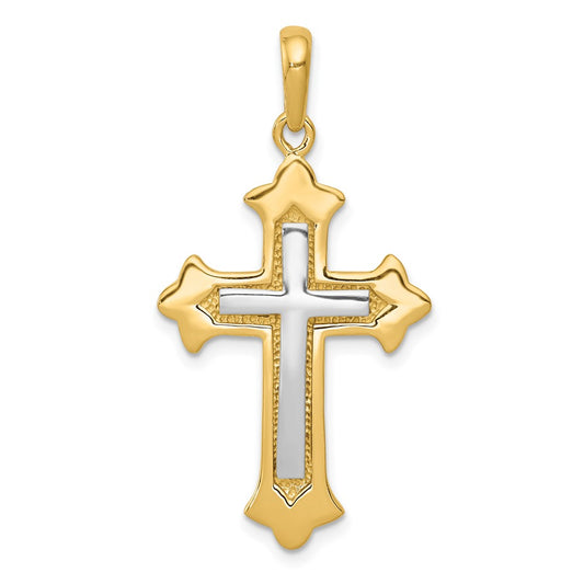 14k Two Tone Yellow and White Gold Fleur De Lis Crucifix CrossEngravable Charm Pendant Jewelry Gifts (Length 1.4" Width 0.78")