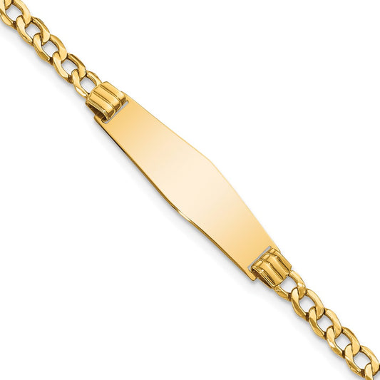 Engravable 14K Yellow Gold Soft Diamond Shape Cuban ID Bracelet Length 8 inches Width 7.5 mm With Lobster Claw Clasp