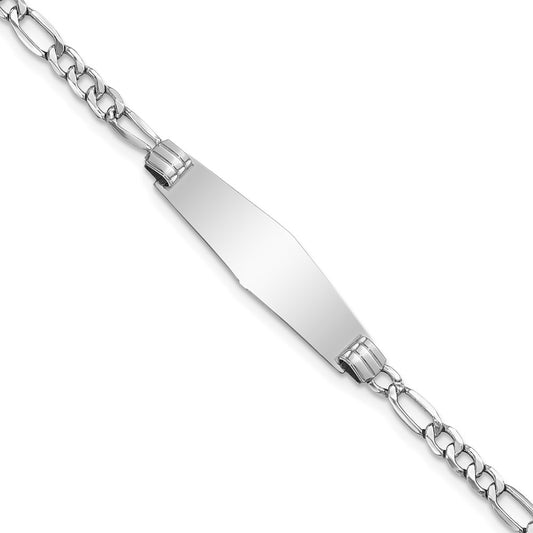 Engravable 14K White Gold Soft Diamond Shape Figaro Link ID Bracelet Length 7 inches Width 7.8 mm With Lobster Claw Clasp