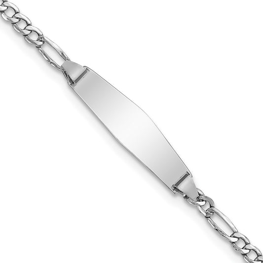 Engravable 14K White Gold Soft Diamond Shape Figaro ID Bracelet Length 6 inches Width 5.5 mm With Lobster Claw Clasp