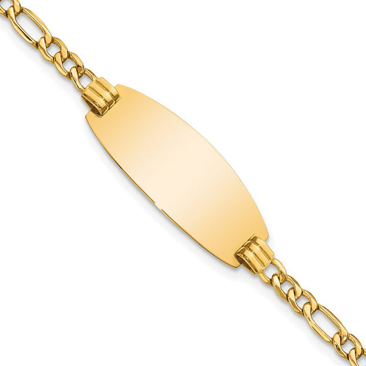Engravable 14K Yellow Gold Oval ID Figaro Bracelet Length 7 inches Width 11.3 mm With Lobster Claw Clasp