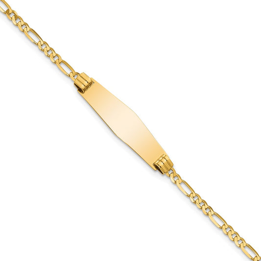 Engravable 14K Yellow Gold Soft Diamond Shape Figaro ID Bracelet Length 7 inches Width 7.3 mm With Lobster Claw Clasp