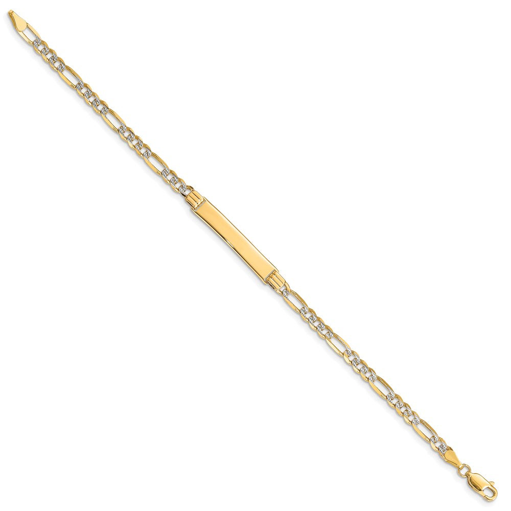 Engravable 14K Yellow Gold Pave Figaro ID Bracelet Length 8 inches Width 5.3 mm With Lobster Claw Clasp