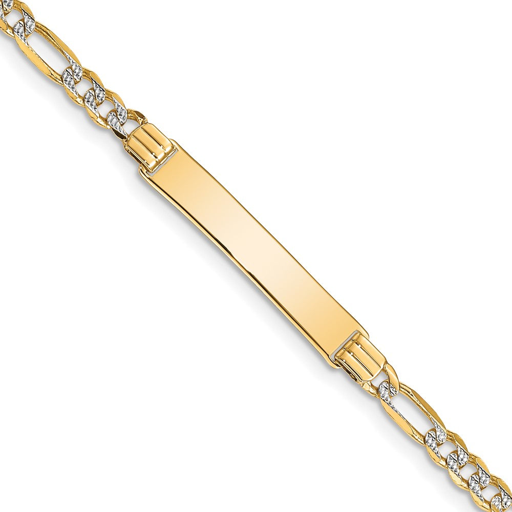 Engravable 14K Yellow Gold Pave Figaro ID Bracelet Length 7 inches Width 5.3 mm With Lobster Claw Clasp