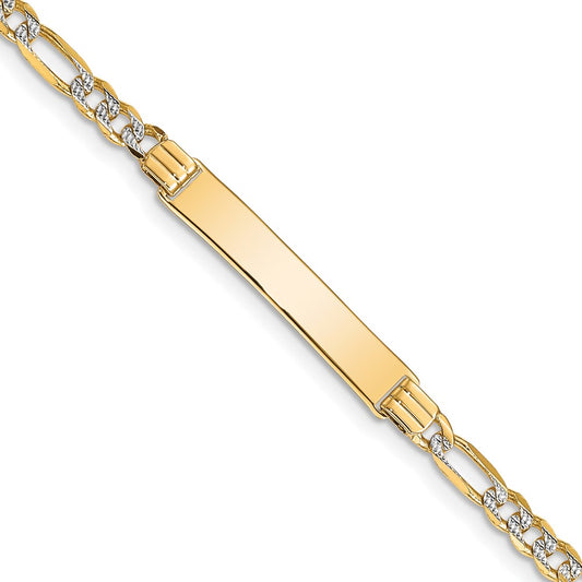 Engravable 14K Yellow Gold Pave Figaro ID Bracelet Length 7 inches Width 5.3 mm With Lobster Claw Clasp