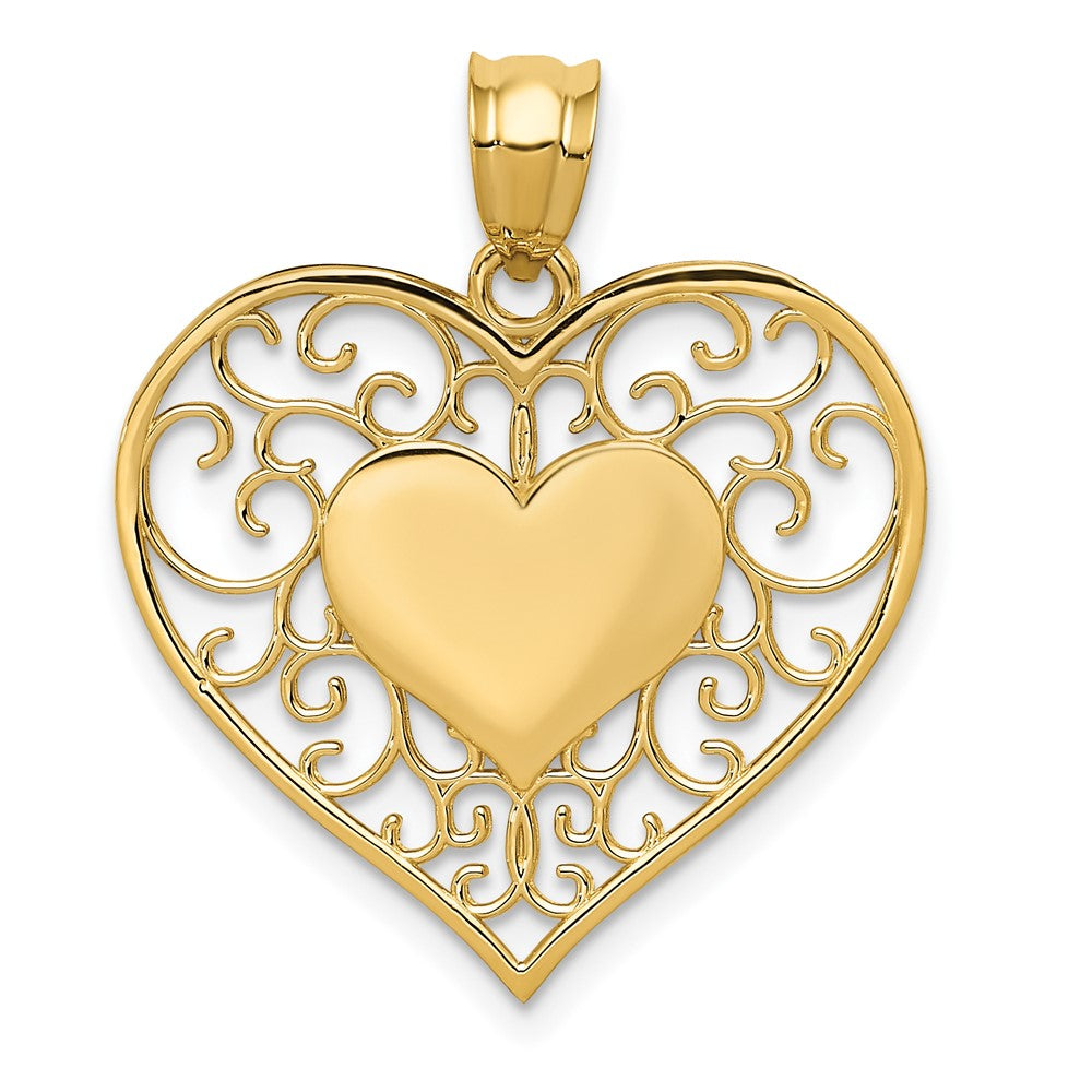 14k Yellow Gold Polished Filigree HeartEngravable Charm Pendant Jewelry Gifts (Length 1.01" Width 0.86")