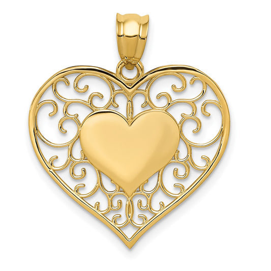 14k Yellow Gold Polished Filigree HeartEngravable Charm Pendant Jewelry Gifts (Length 1.01" Width 0.86")