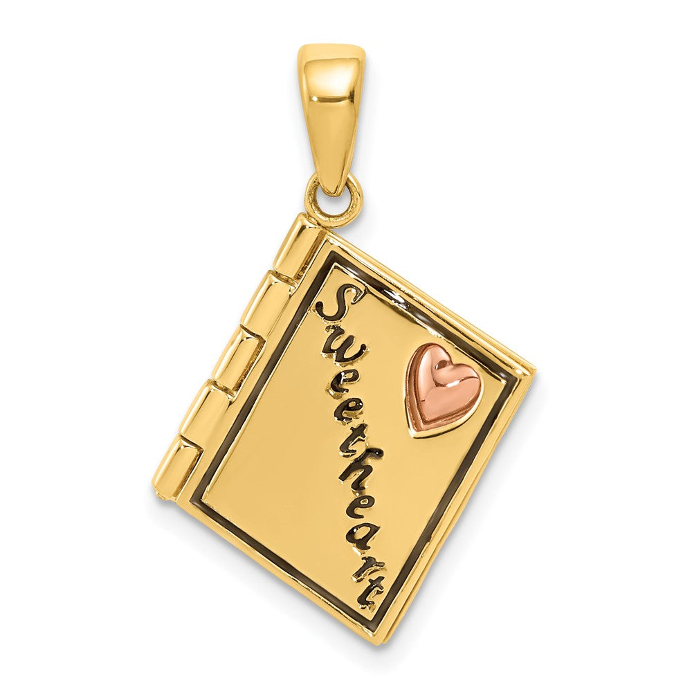 14K Two Tone Yellow and Rose Gold 3D Enameled Moveable SWEETHEART BookEngravable Charm Pendant Jewelry Gifts (Length 0.98" Width 0.66")