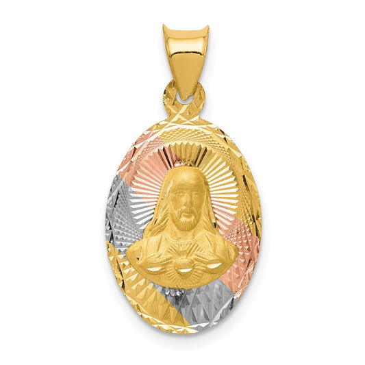 14k Yellow Gold with Rose and White Diamond Cut Sagrado Corazon OvalEngravable Charm Pendant Jewelry Gifts