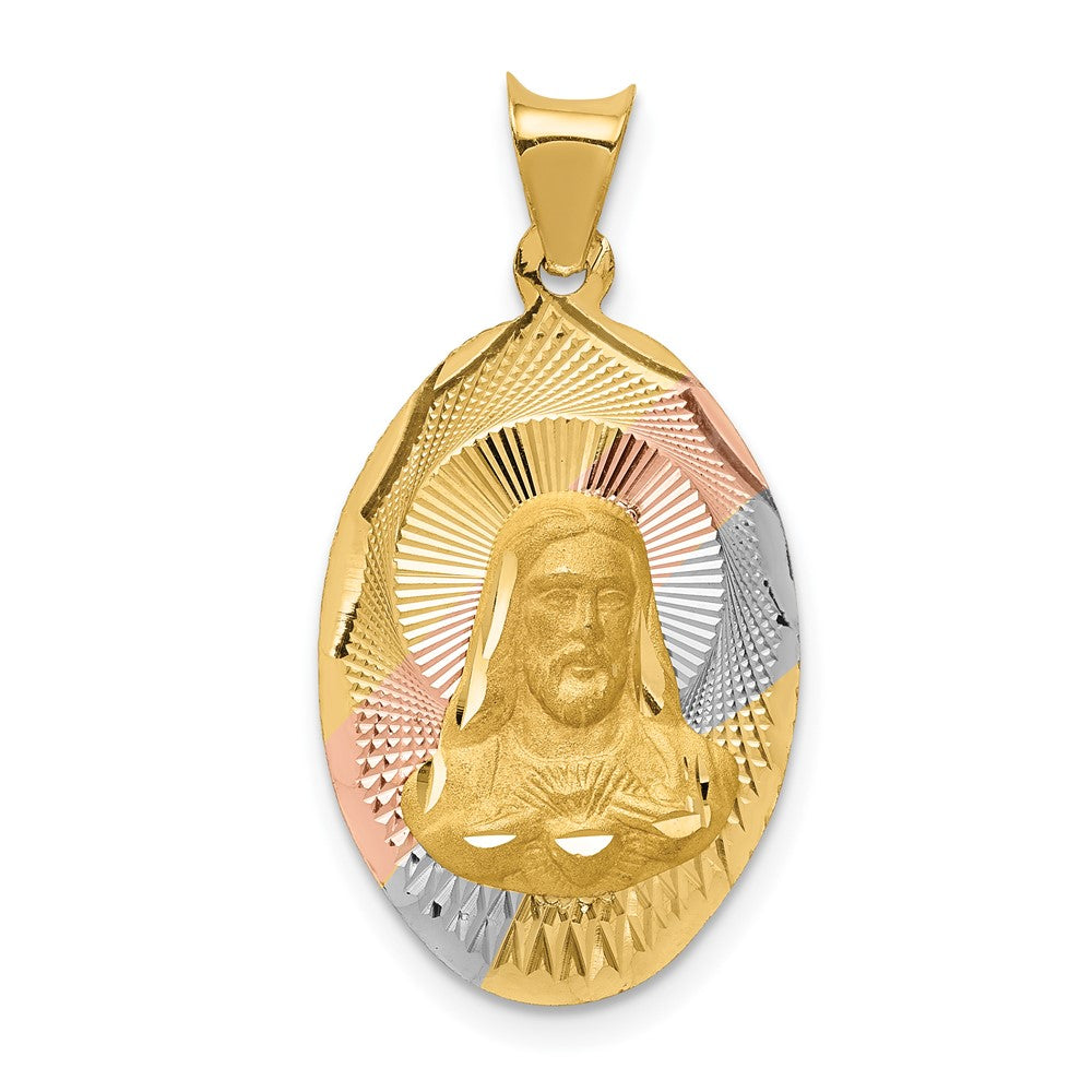 14k Yellow Gold with Rose and White Diamond Cut Sagrado Corazon OvalEngravable Charm Pendant Jewelry Gifts