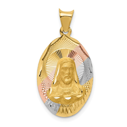 14k Yellow Gold with Rose and White Diamond Cut Sagrado Corazon OvalEngravable Charm Pendant Jewelry Gifts