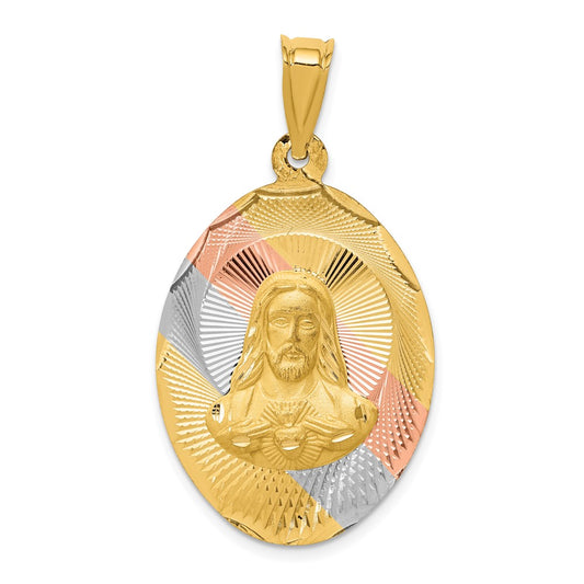 14k Yellow Gold with Rose and White Diamond Cut Sagrado Corazon OvalEngravable Charm Pendant Jewelry Gifts