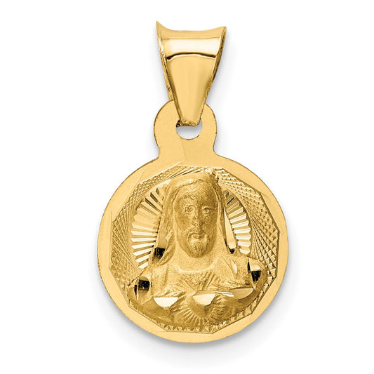 14k Yellow Gold Polished Diamond Cut Sagrado Corazon CircleEngravable Charm Pendant Jewelry Gifts