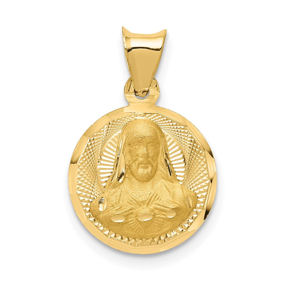 14k Yellow Gold Polished Diamond Cut Sagrado Corazon CircleEngravable Charm Pendant Jewelry Gifts