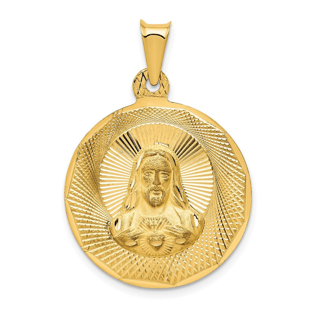 14k Yellow Gold Polished Diamond Cut Sagrado Corazon CircleEngravable Charm Pendant Jewelry Gifts