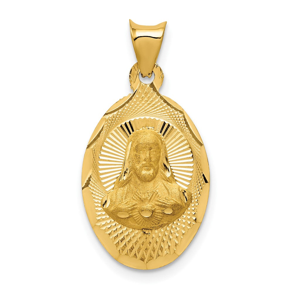 14k Yellow Gold Polished Diamond Cut Sagrado Corazon OvalEngravable Charm Pendant Jewelry Gifts