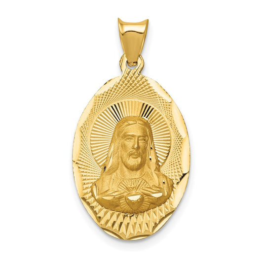 14k Yellow Gold Polished Diamond Cut Sagrado Corazon OvalEngravable Charm Pendant Jewelry Gifts