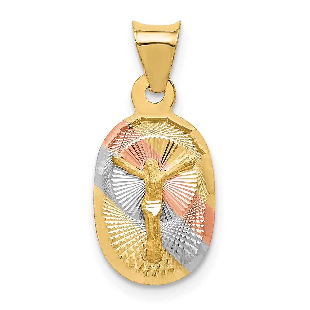 14k Yellow Gold with Rose and White Diamond Cut Corpus OvalEngravable Charm Pendant Jewelry Gifts (Length 0.8" Width 0.37")